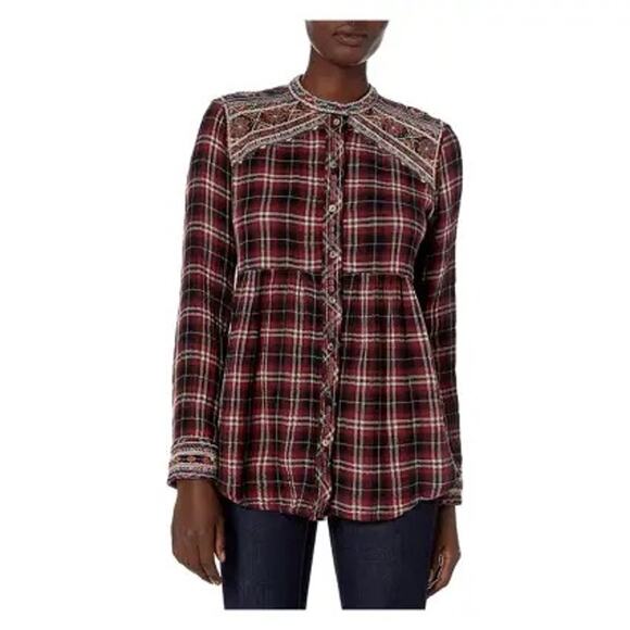 JOHNNY WAS WORKSHOP Shirt M Floral Embroidery Plaid Long Sleeve Button - Picture 1 of 12